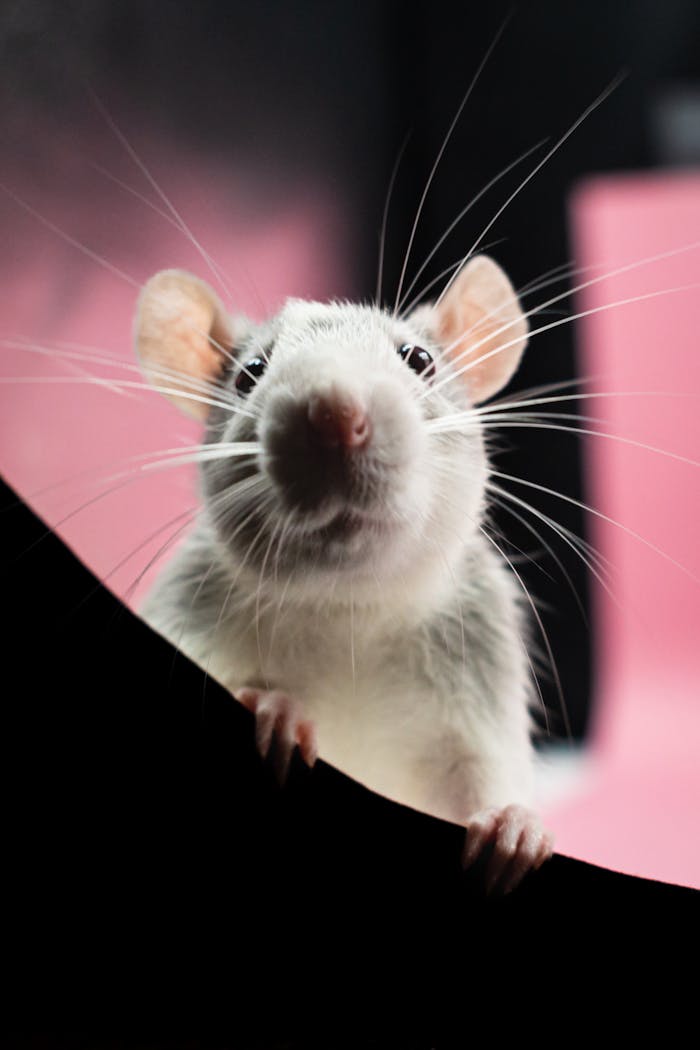 Adorable close-up of a curious domestic rat peeking over a ledge, showcasing its whiskers.